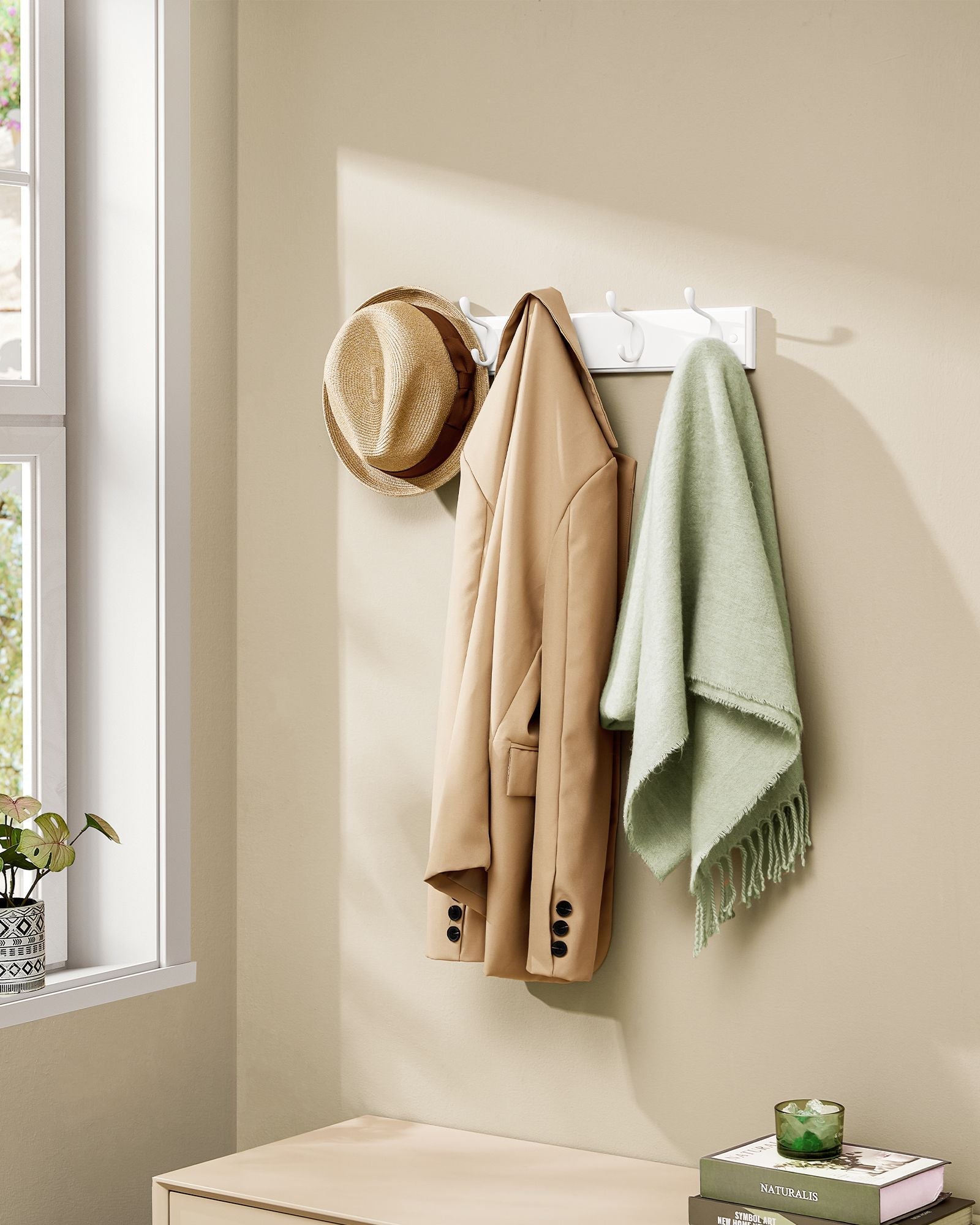 Wall-Mounted Coat Rack – Wood and Metal – Cloud White – 5 Dual Hooks