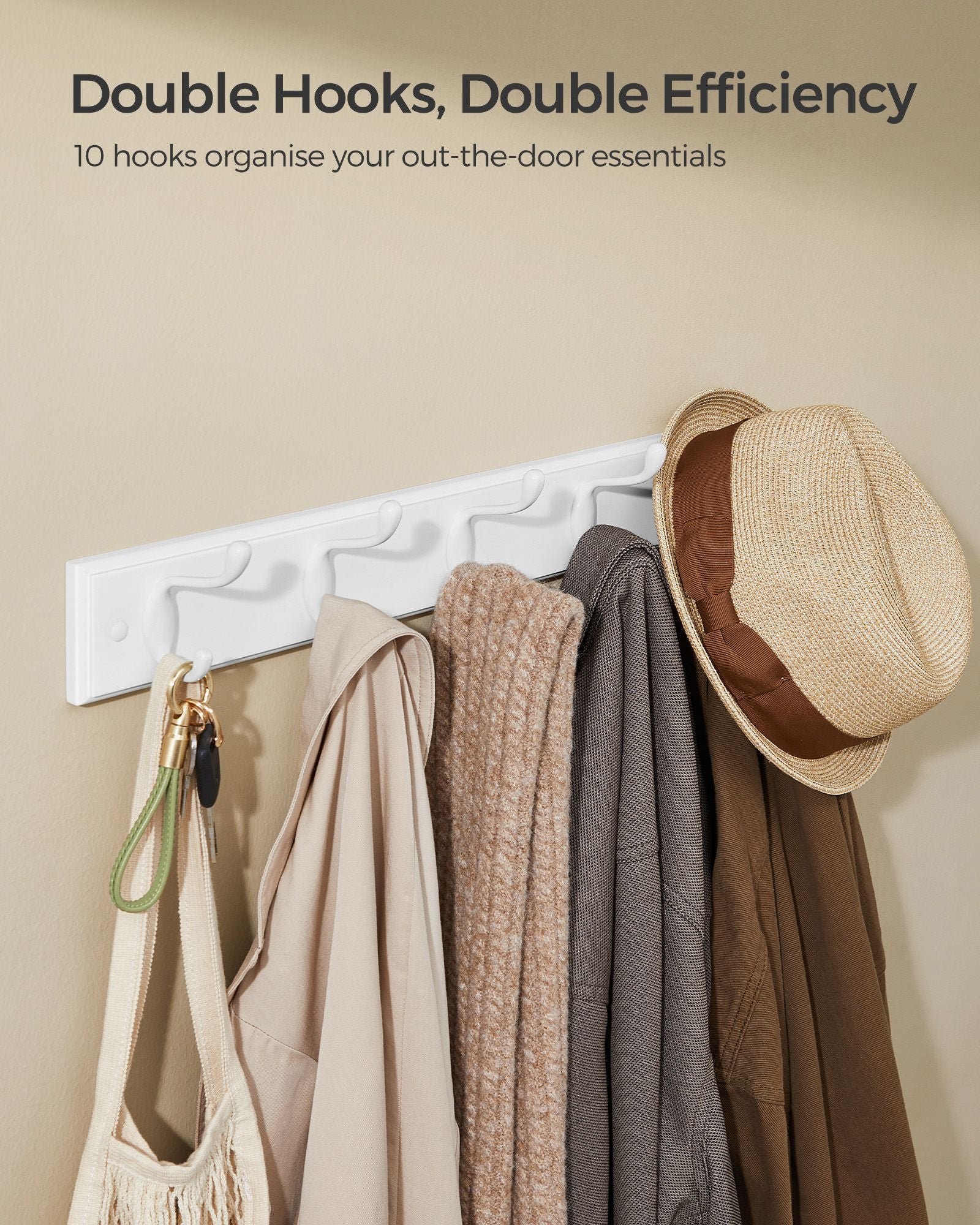 Wall-Mounted Coat Rack – Wood and Metal – Cloud White – 5 Dual Hooks