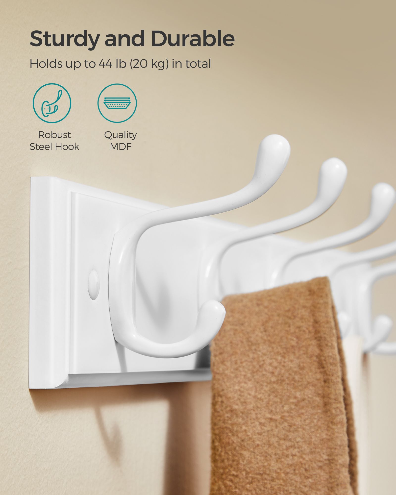 Wall-Mounted Coat Rack – Wood and Metal – Cloud White – 5 Dual Hooks