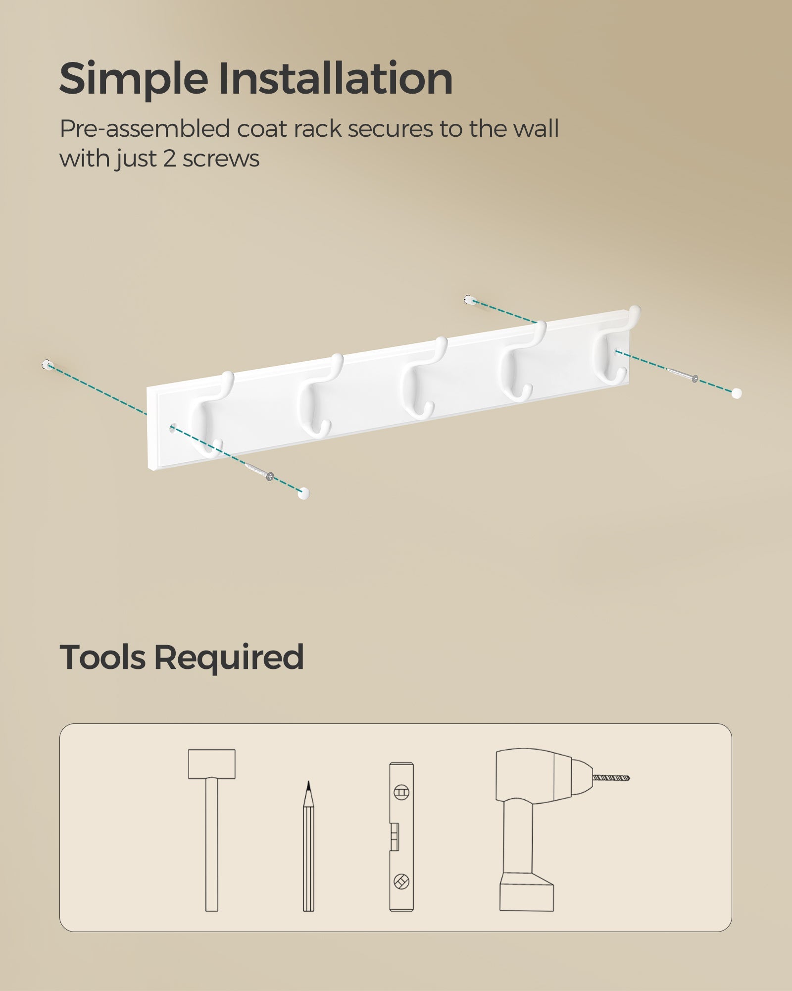 Wall-Mounted Coat Rack – Wood and Metal – Cloud White – 5 Dual Hooks