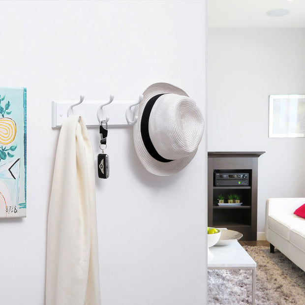Wall-Mounted Coat Rack – Wood – White – 4 Metal Hooks
