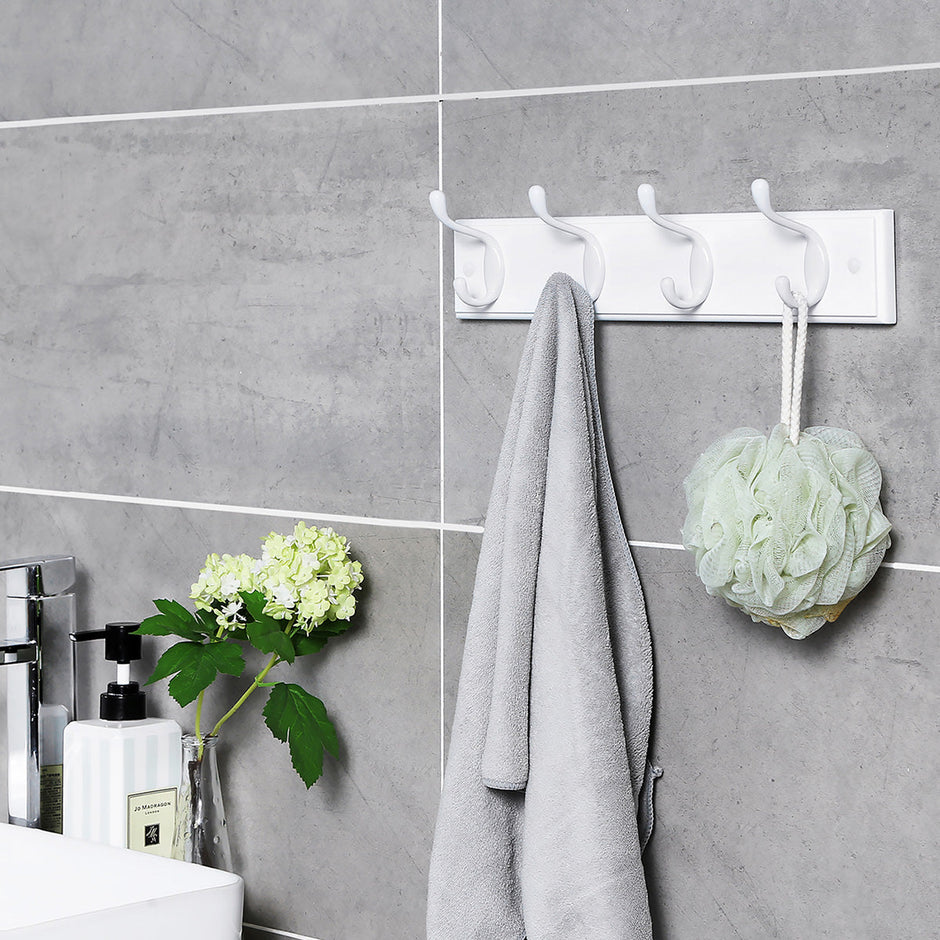 Wall-Mounted Coat Rack – Wood – White – 4 Metal Hooks