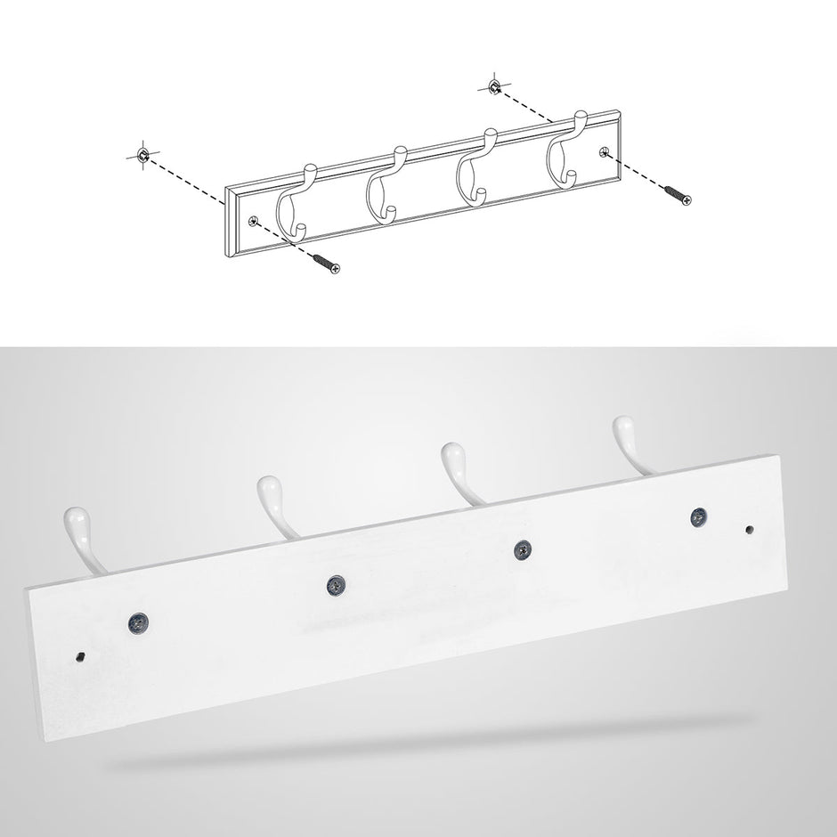 Wall-Mounted Coat Rack – Wood – White – 4 Metal Hooks