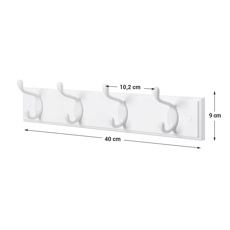 Wall-Mounted Coat Rack – Wood – White – 4 Metal Hooks