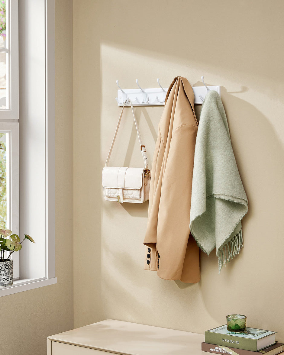 Wall-Mounted Coat Rack – Wood – Cloud White – 5 Dual Tri-Hooks