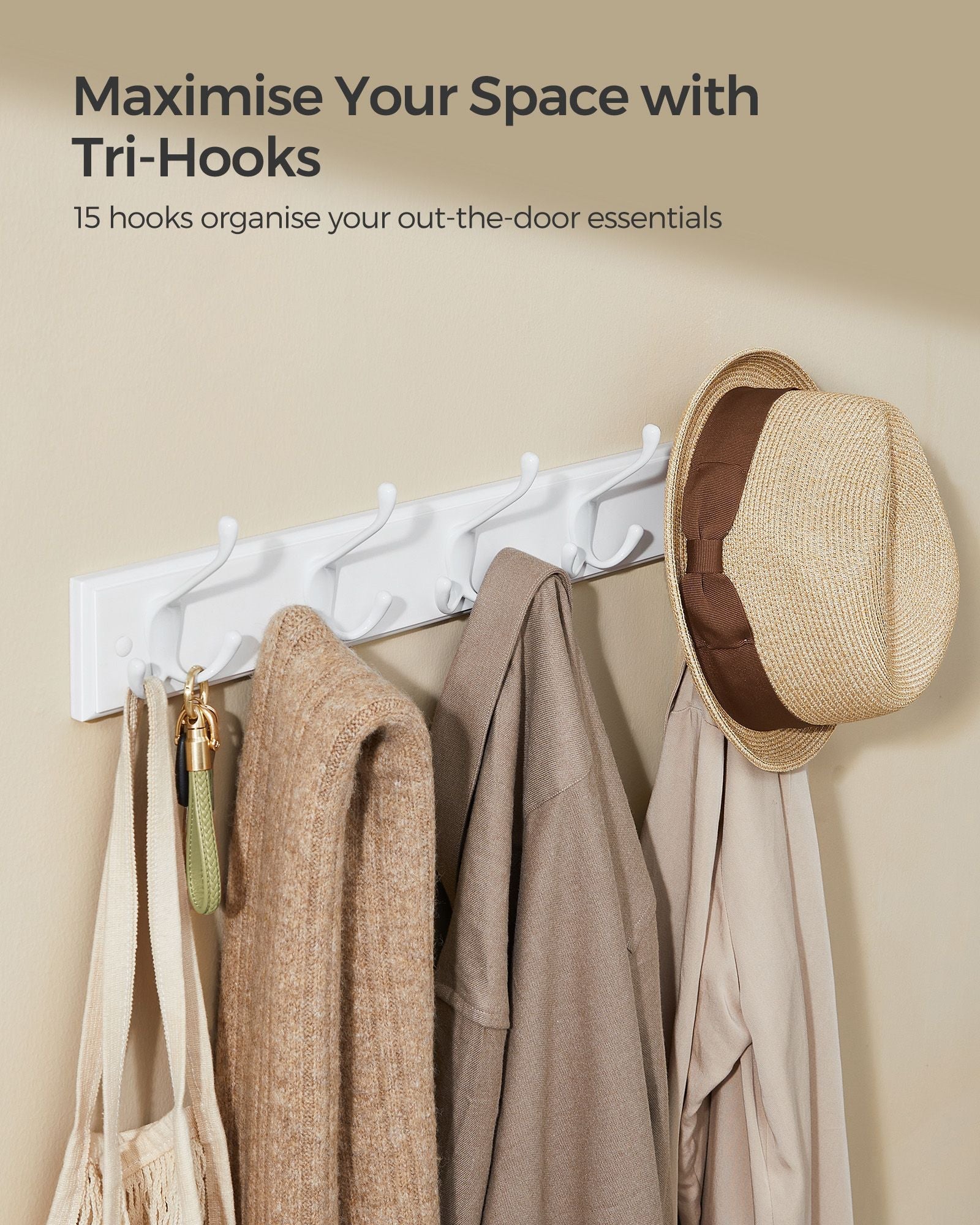 Wall-Mounted Coat Rack – Wood – Cloud White – 5 Dual Tri-Hooks