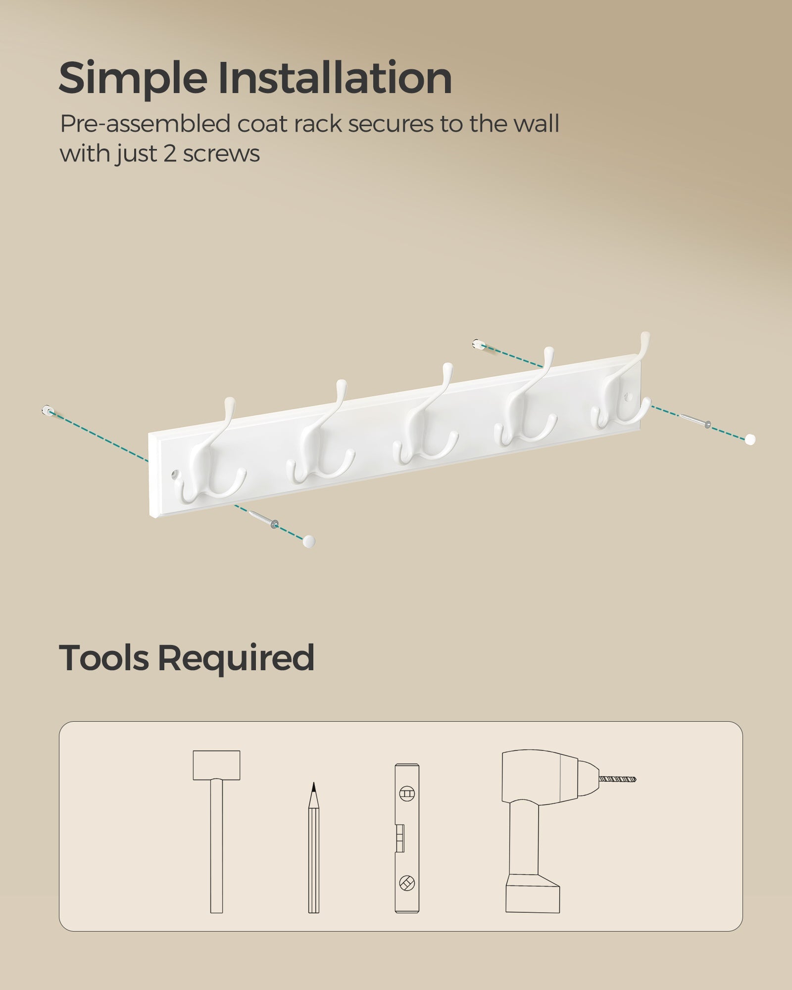 Wall-Mounted Coat Rack – Wood – Cloud White – 5 Dual Tri-Hooks