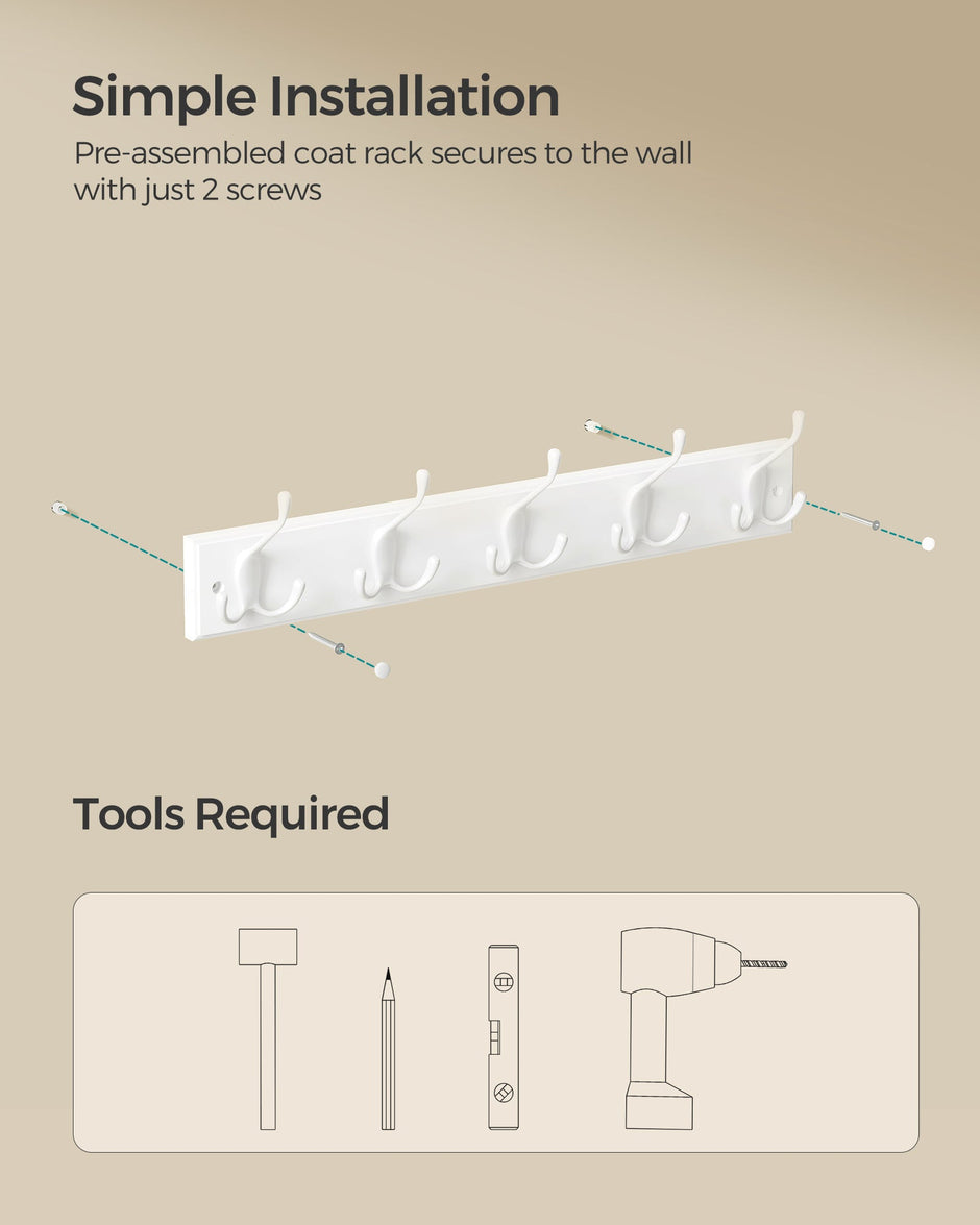 Wall-Mounted Coat Rack – Wood – Cloud White – 5 Dual Tri-Hooks
