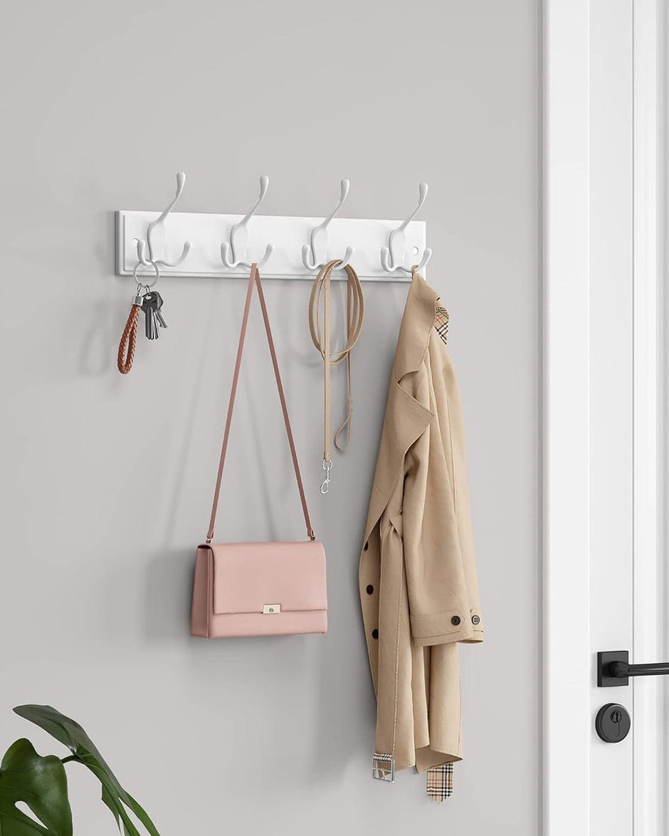 Wall Mounted Coat Rack – Metal – White – 4 Tri-Hooks for Entryway and Bathroom