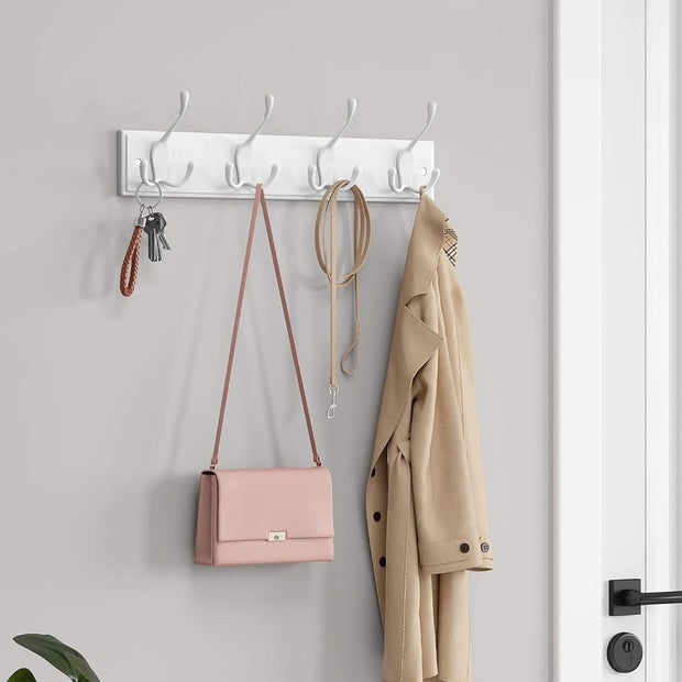 Wall Mounted Coat Rack – Metal – White – 4 Tri-Hooks for Entryway and Bathroom