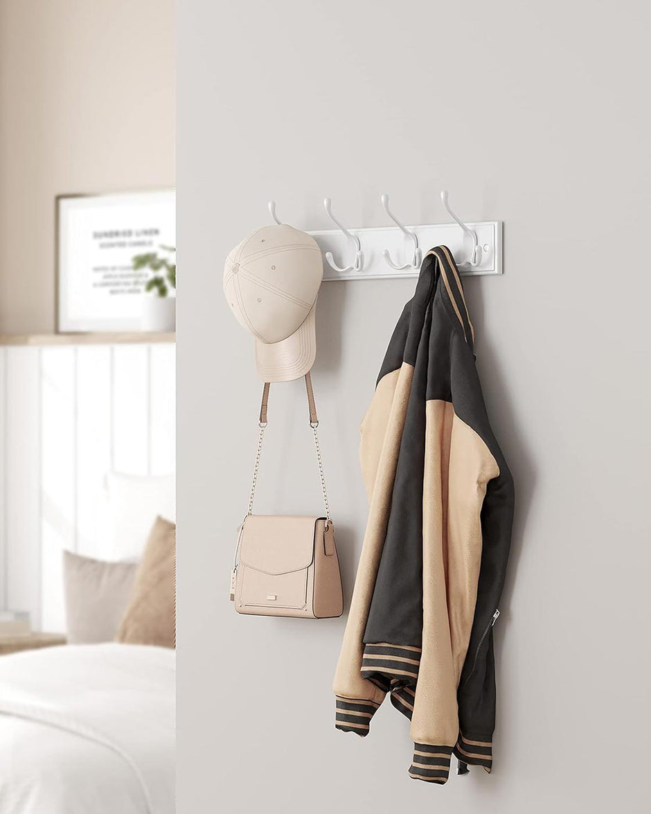 Wall Mounted Coat Rack – Metal – White – 4 Tri-Hooks for Entryway and Bathroom