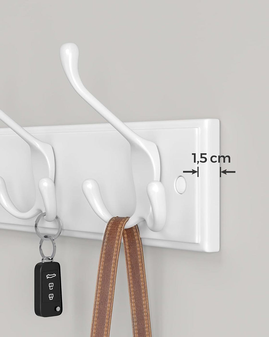 Wall Mounted Coat Rack – Metal – White – 4 Tri-Hooks for Entryway and Bathroom