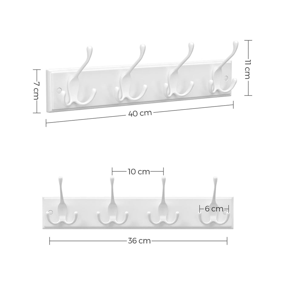 Wall Mounted Coat Rack – Metal – White – 4 Tri-Hooks for Entryway and Bathroom