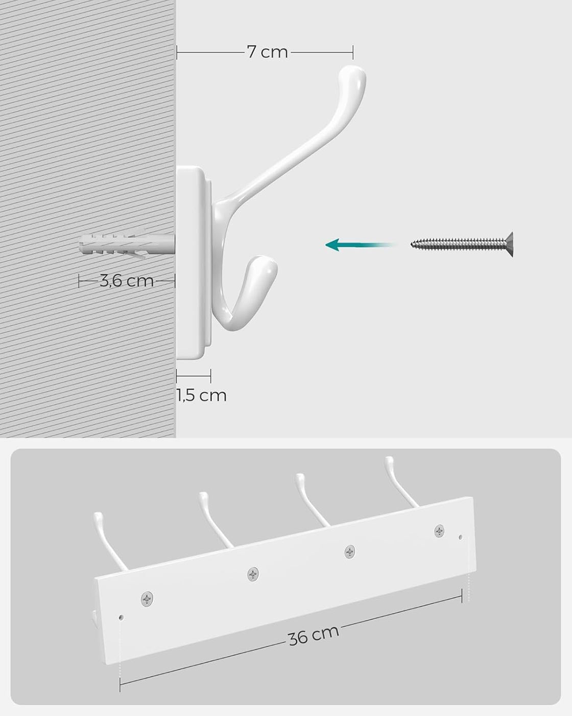 Wall Mounted Coat Rack – Metal – White – 4 Tri-Hooks for Entryway and Bathroom