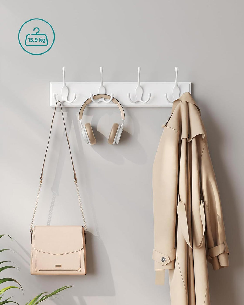 Wall Mounted Coat Rack – Metal – White – 4 Tri-Hooks for Entryway and Bathroom