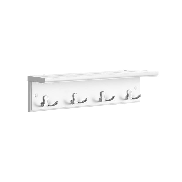 Wall-Mounted Coat Rack – Wooden and Metal – White – 4 Dual Hooks with Shelf