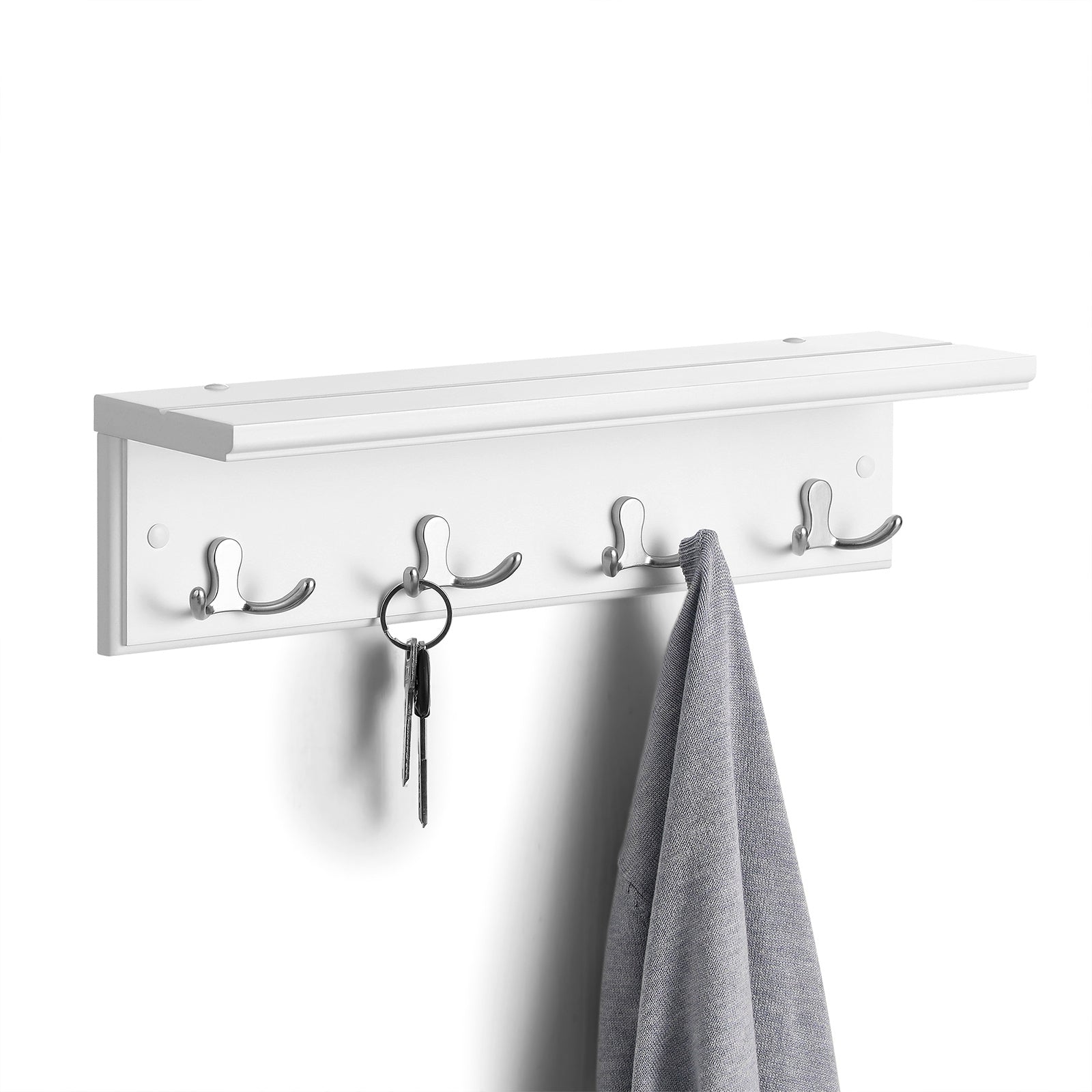 Wall-Mounted Coat Rack – Wooden and Metal – White – 4 Dual Hooks with Shelf