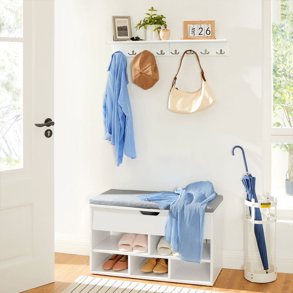 Wall-Mounted Coat Rack – Wooden and Metal – White – 4 Dual Hooks with Shelf
