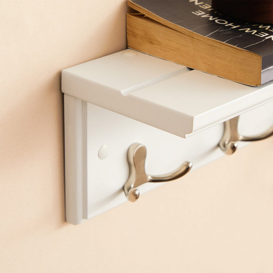 Wall-Mounted Coat Rack – Wooden and Metal – White – 4 Dual Hooks with Shelf