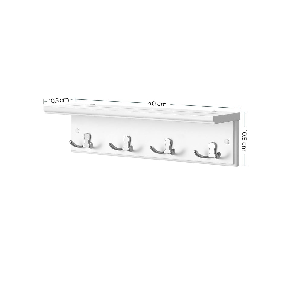 Wall-Mounted Coat Rack – Wooden and Metal – White – 4 Dual Hooks with Shelf