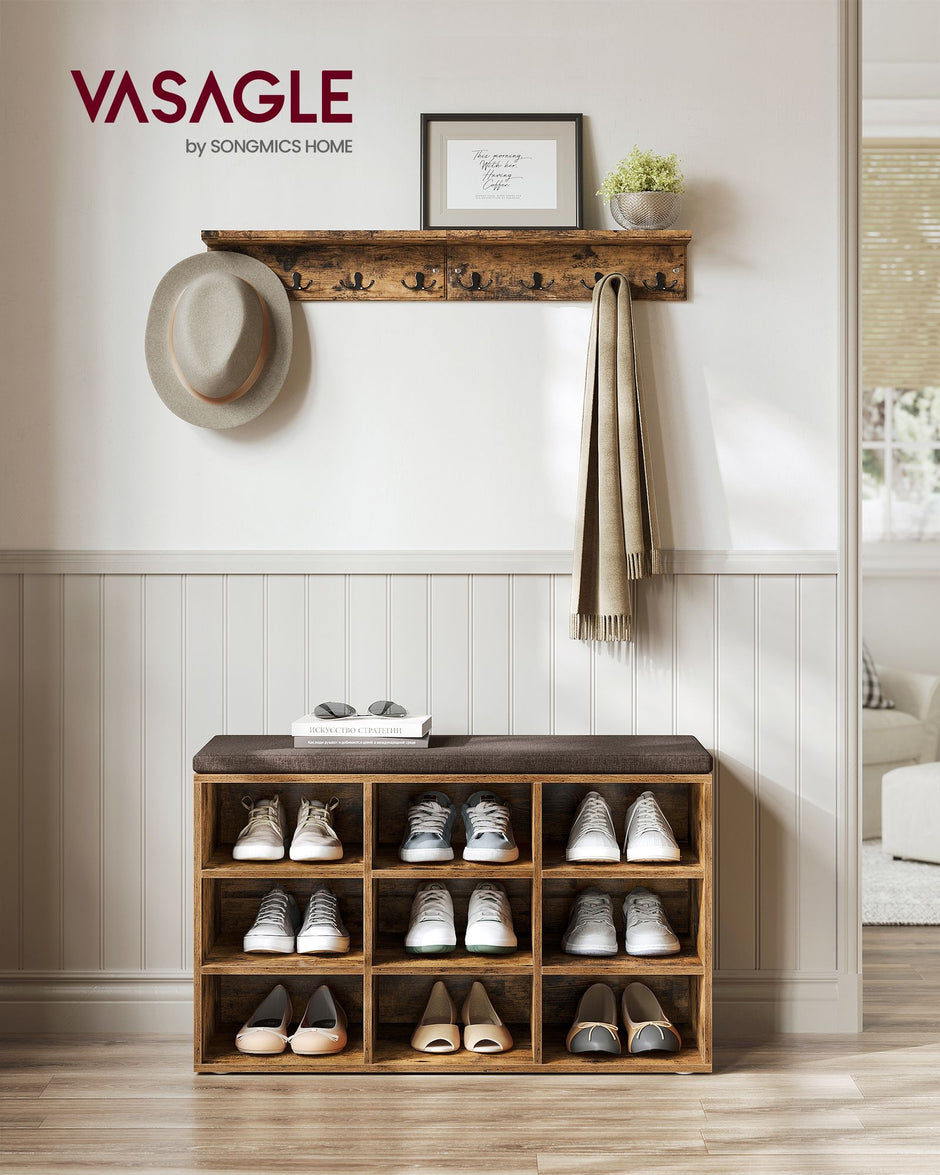 Storage Bench – Wood – Black – Padded Seat with 9 Adjustable Compartments