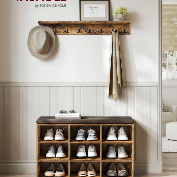 Storage Bench – Wood – Black – Padded Seat with 9 Adjustable Compartments