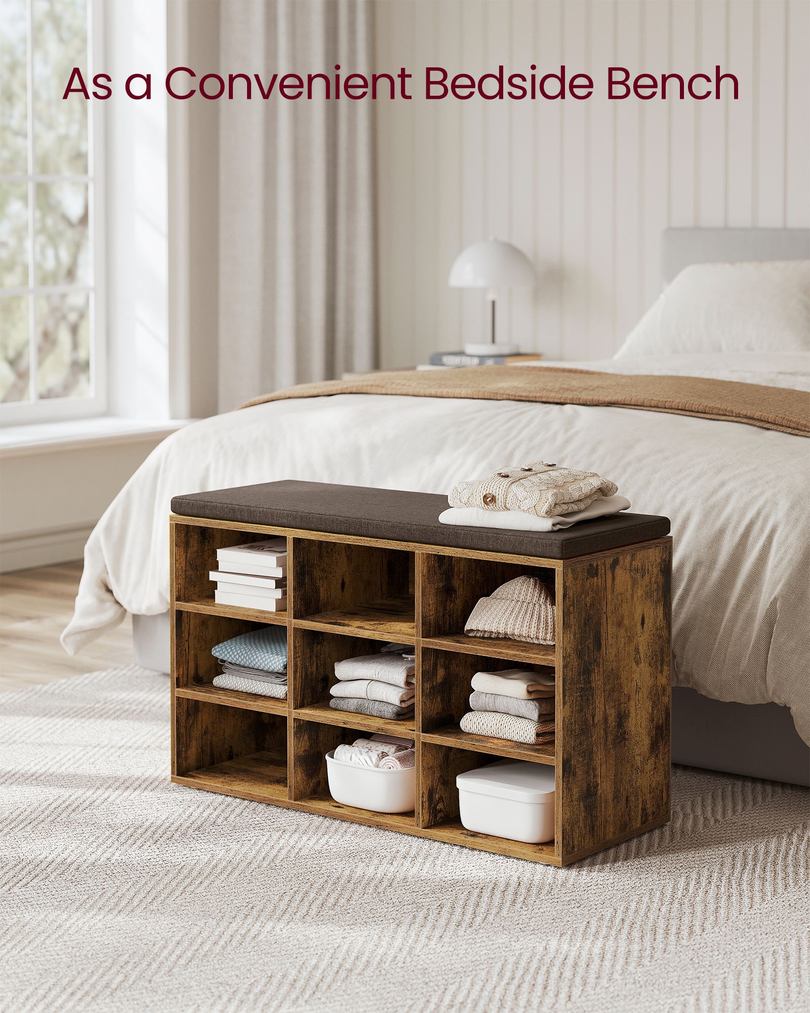 Storage Bench – Wood – Black – Padded Seat with 9 Adjustable Compartments