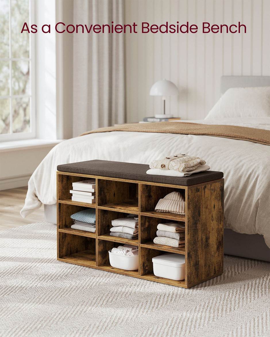 Storage Bench – Wood – Black – Padded Seat with 9 Adjustable Compartments
