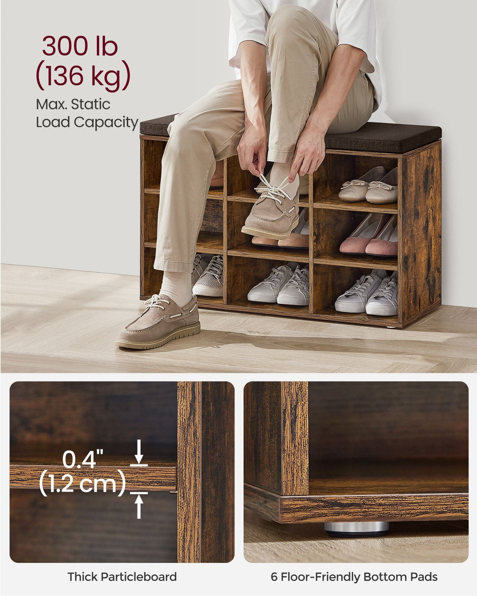 Storage Bench – Wood – Black – Padded Seat with 9 Adjustable Compartments