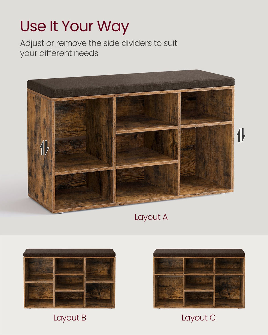 Storage Bench – Wood – Black – Padded Seat with 9 Adjustable Compartments
