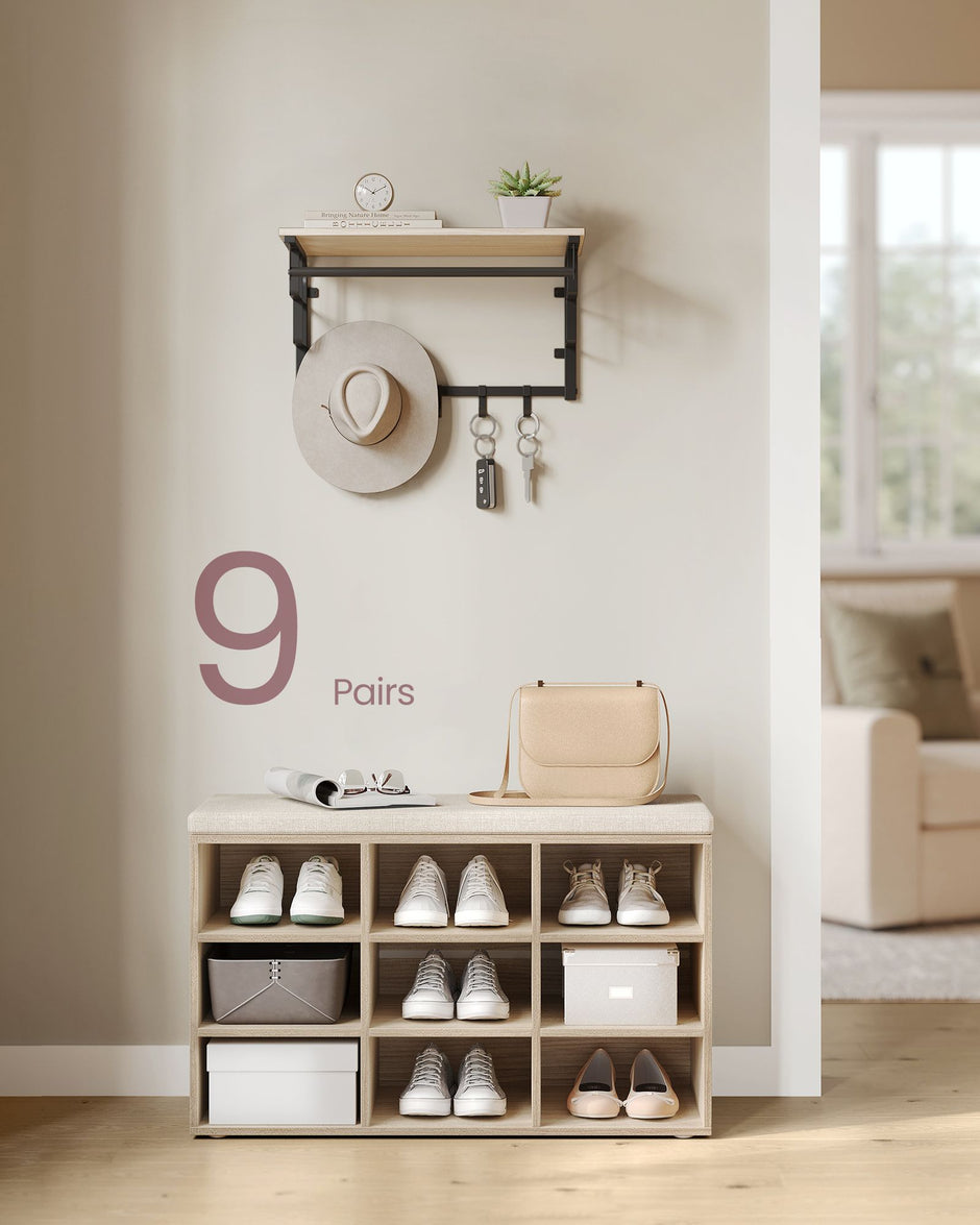 Shoe Bench – Wood – Natural Beige – Padded Seat with 9 Adjustable Compartments