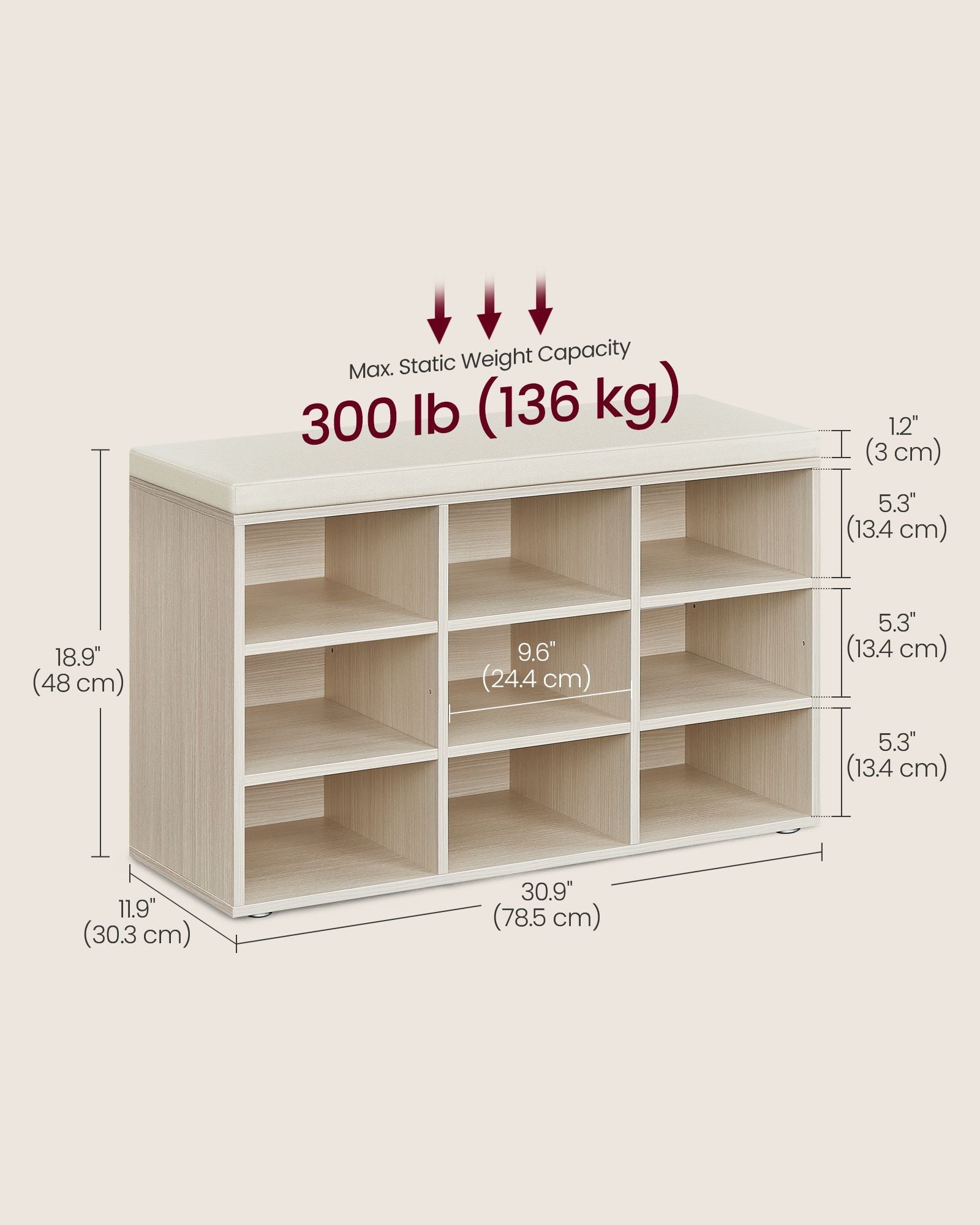 Shoe Bench – Wood – Natural Beige – Padded Seat with 9 Adjustable Compartments