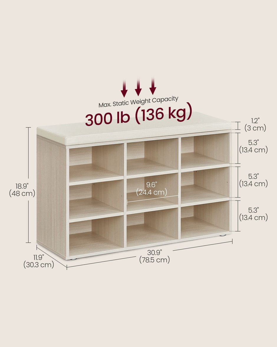 Shoe Bench – Wood – Natural Beige – Padded Seat with 9 Adjustable Compartments