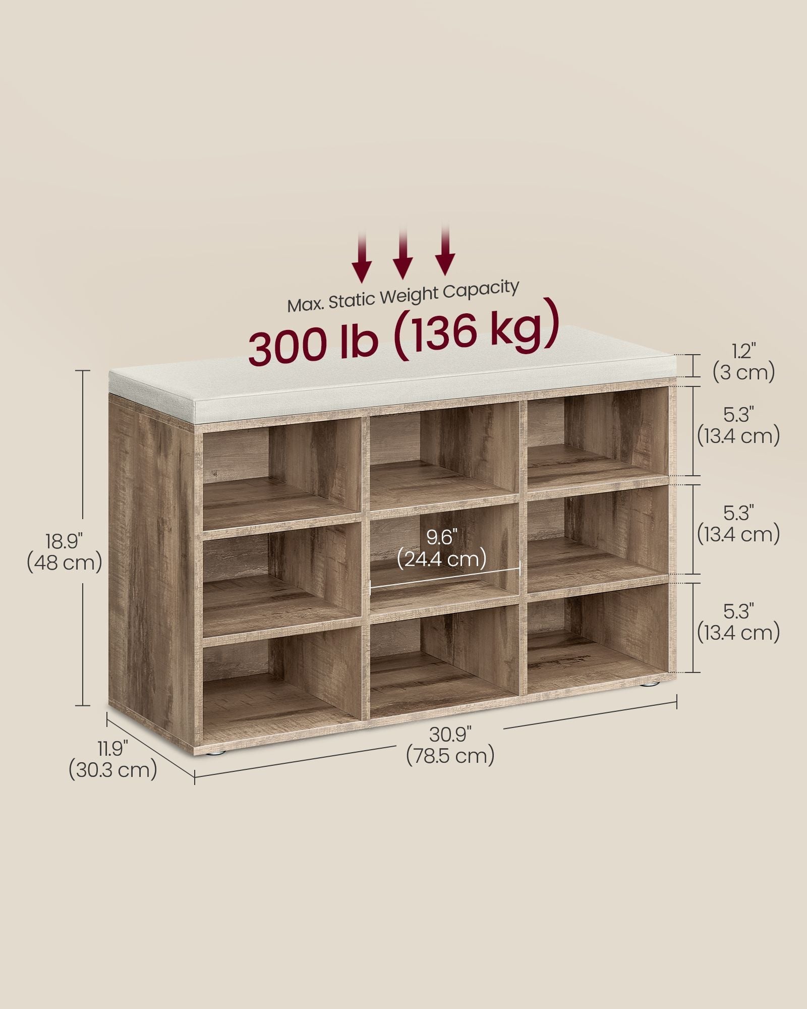 Shoe Bench – Wood – Camel Brown – Padded Seat with 9 Adjustable Compartments