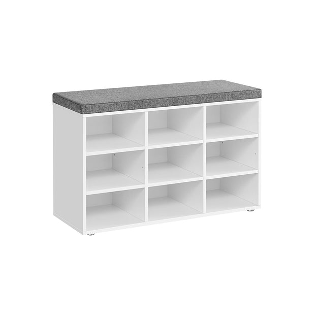 Storage Bench – Wood – White – Padded Seat with Adjustable Shelves and 9 Compartment Storage