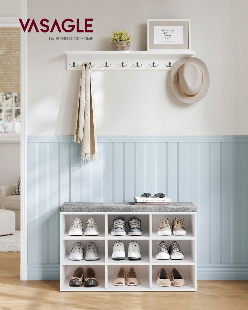 Storage Bench – Wood – White – Padded Seat with Adjustable Shelves and 9 Compartment Storage