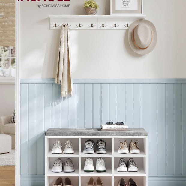 Storage Bench – Wood – White – Padded Seat with Adjustable Shelves and 9 Compartment Storage