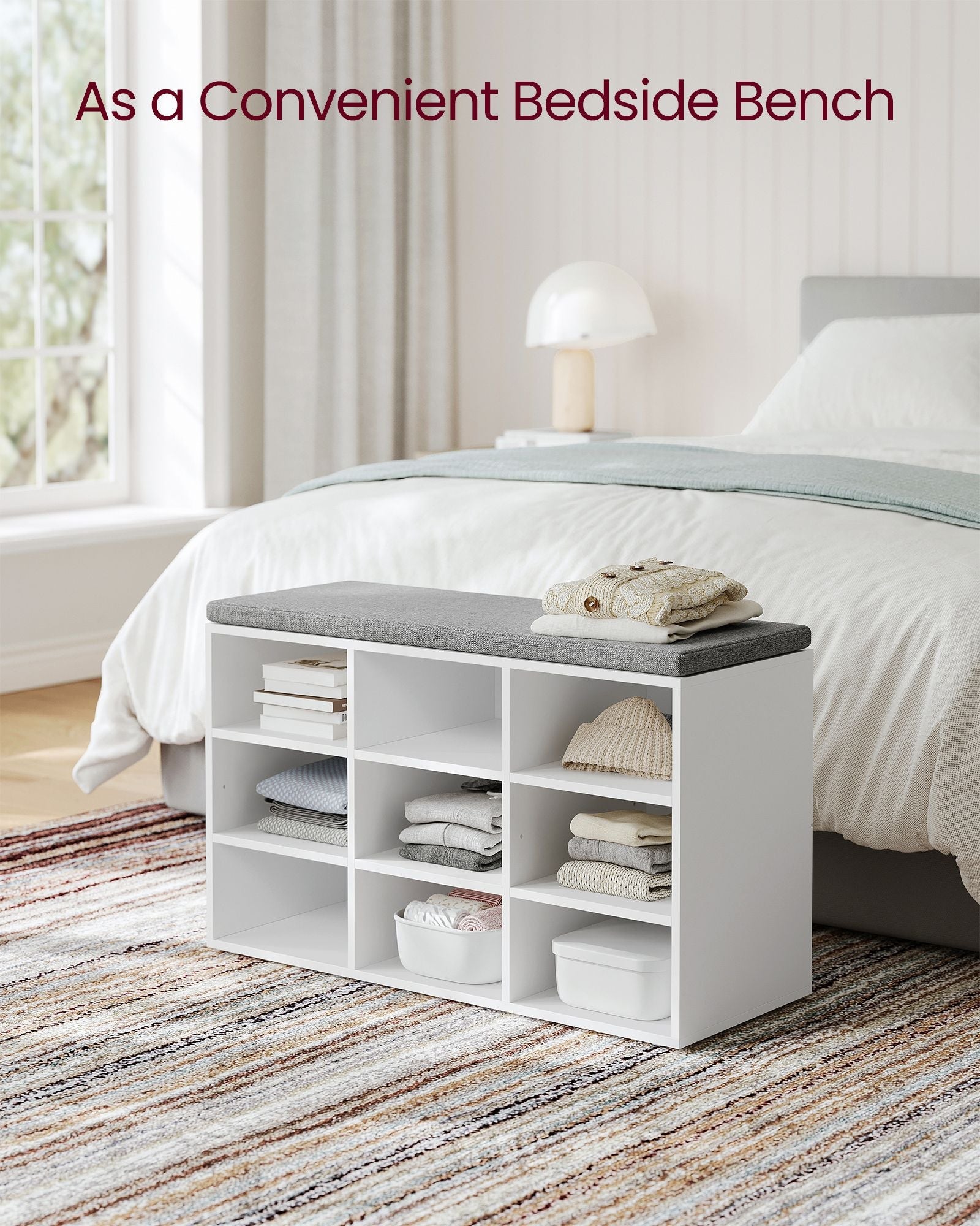 Storage Bench – Wood – White – Padded Seat with Adjustable Shelves and 9 Compartment Storage