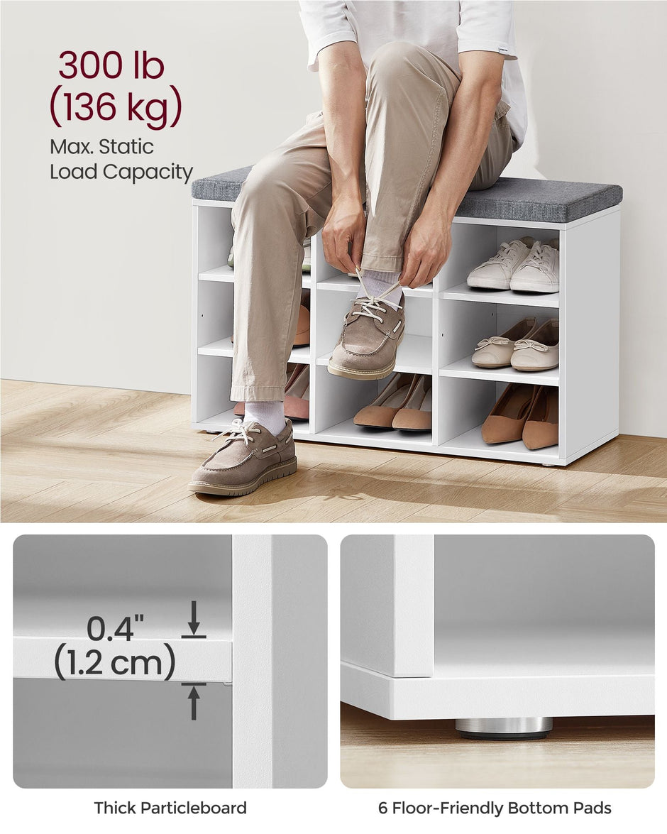 Storage Bench – Wood – White – Padded Seat with Adjustable Shelves and 9 Compartment Storage