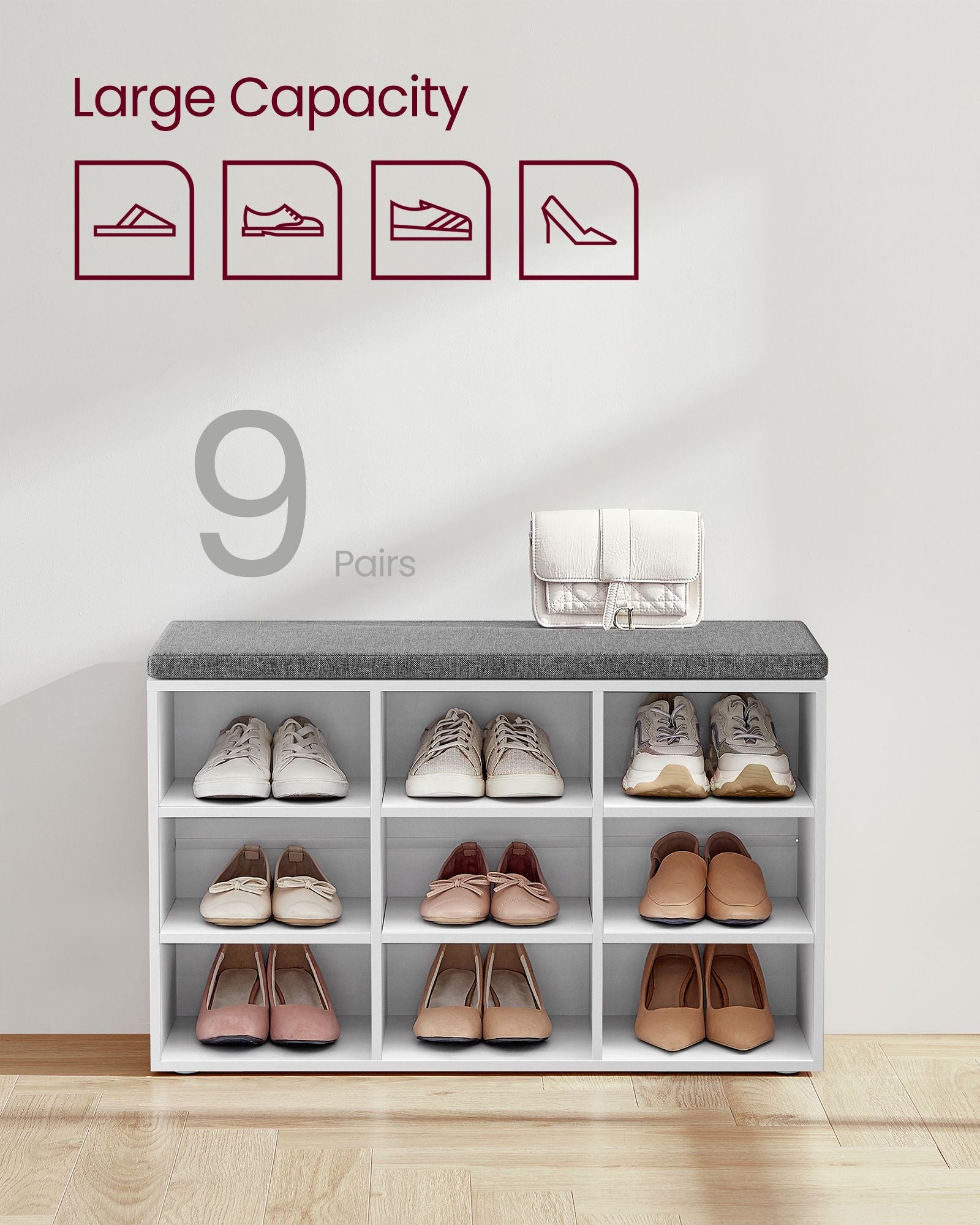 Storage Bench – Wood – White – Padded Seat with Adjustable Shelves and 9 Compartment Storage