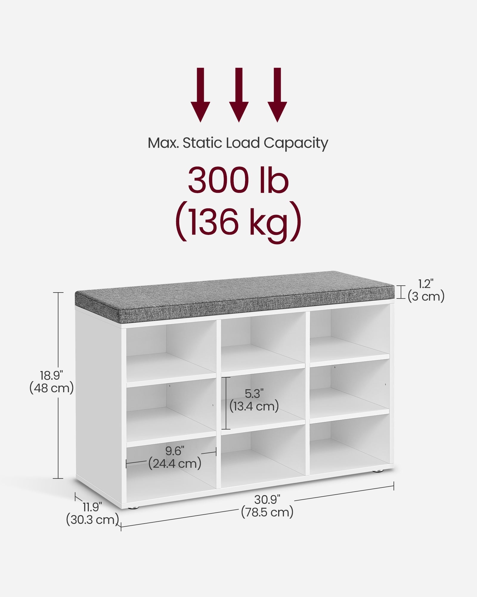 Storage Bench – Wood – White – Padded Seat with Adjustable Shelves and 9 Compartment Storage