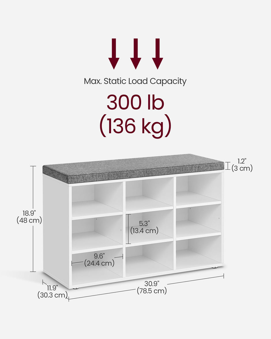 Storage Bench – Wood – White – Padded Seat with Adjustable Shelves and 9 Compartment Storage