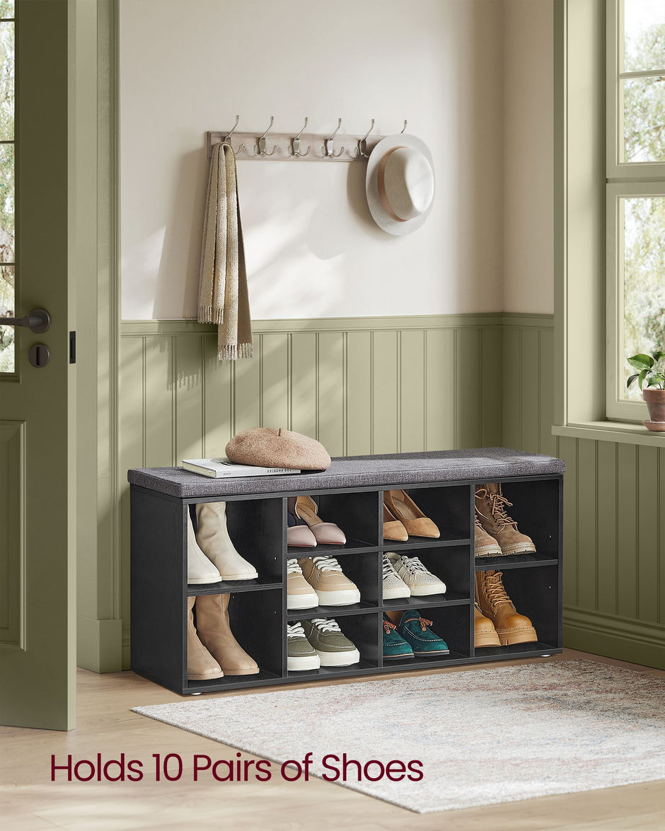 Shoe Bench – Wood – Ebony Black – Padded Seat with 9 Compartment Storage