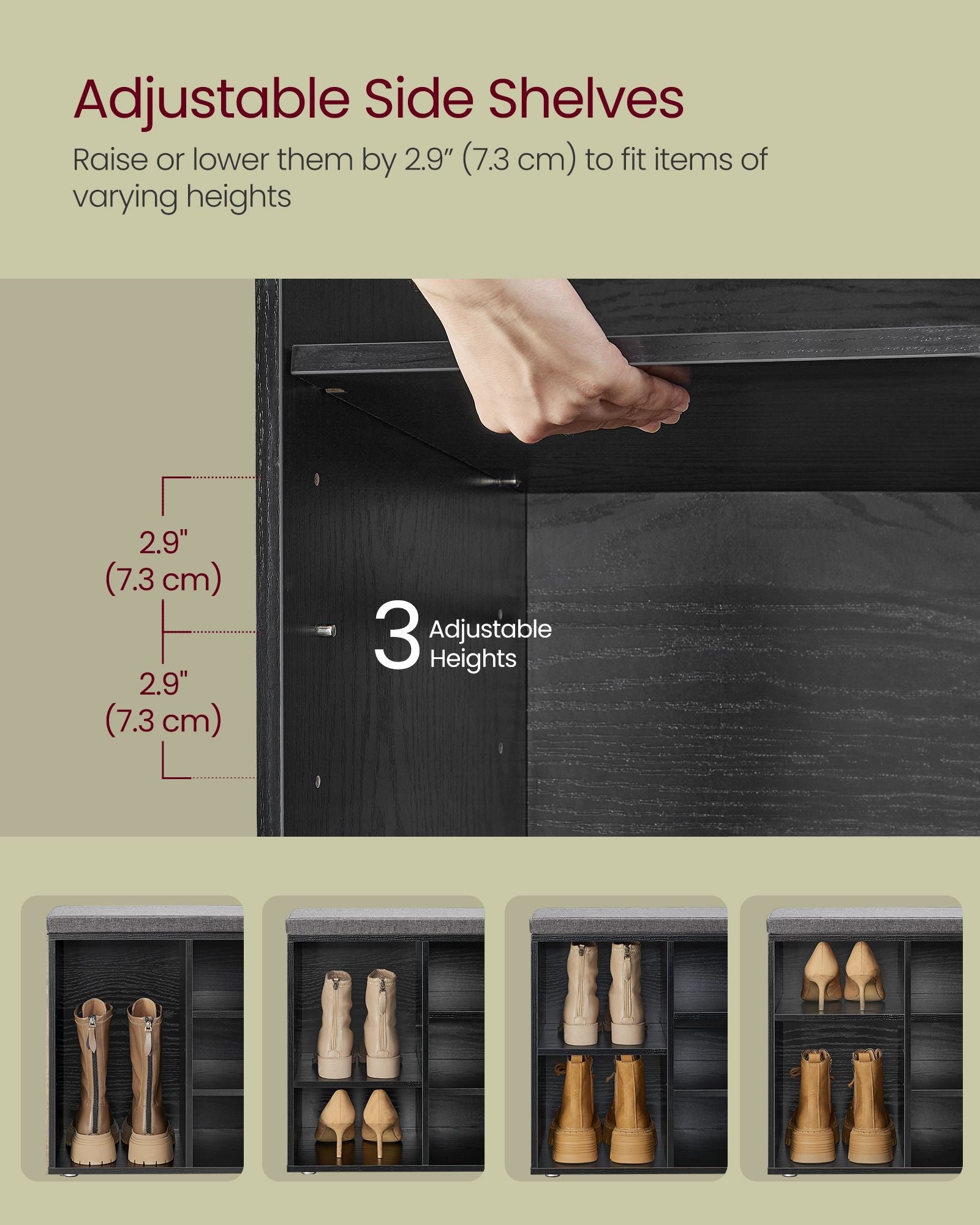 Shoe Bench – Wood – Ebony Black – Padded Seat with 9 Compartment Storage