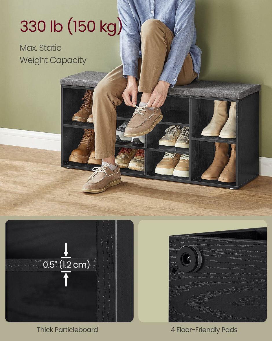 Shoe Bench – Wood – Ebony Black – Padded Seat with 9 Compartment Storage