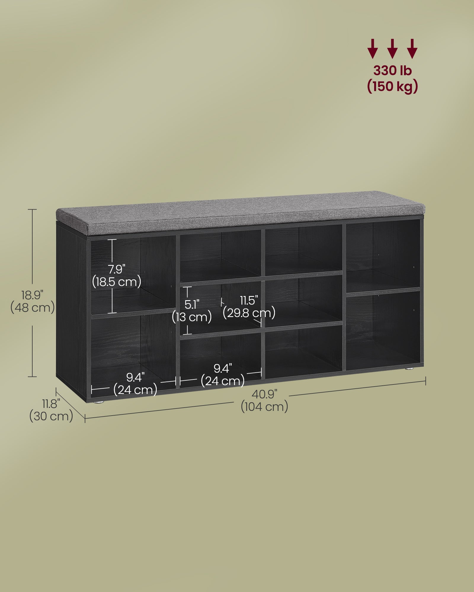 Shoe Bench – Wood – Ebony Black – Padded Seat with 9 Compartment Storage