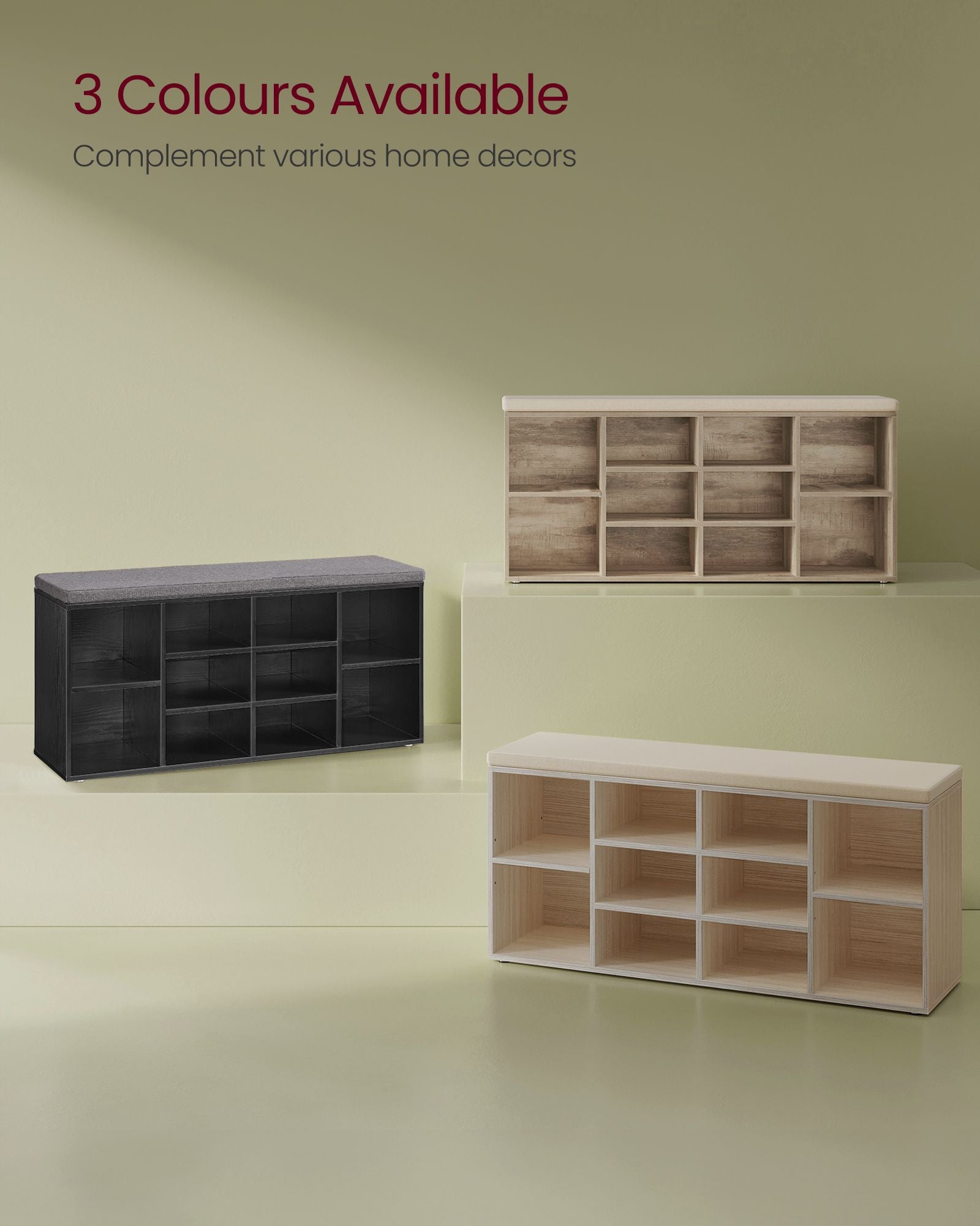 Shoe Bench – Wood – Ebony Black – Padded Seat with 9 Compartment Storage