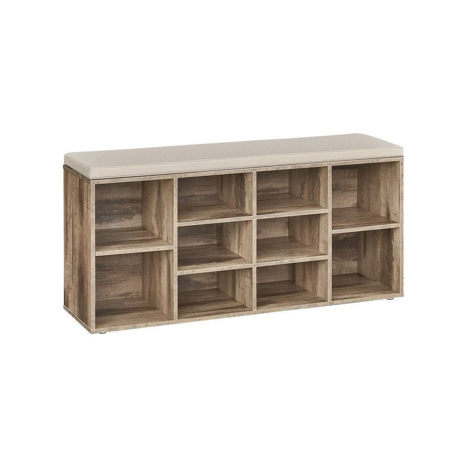 Shoe Bench – Wood – Camel Brown – Padded Seat with 9 Adjustable Compartments
