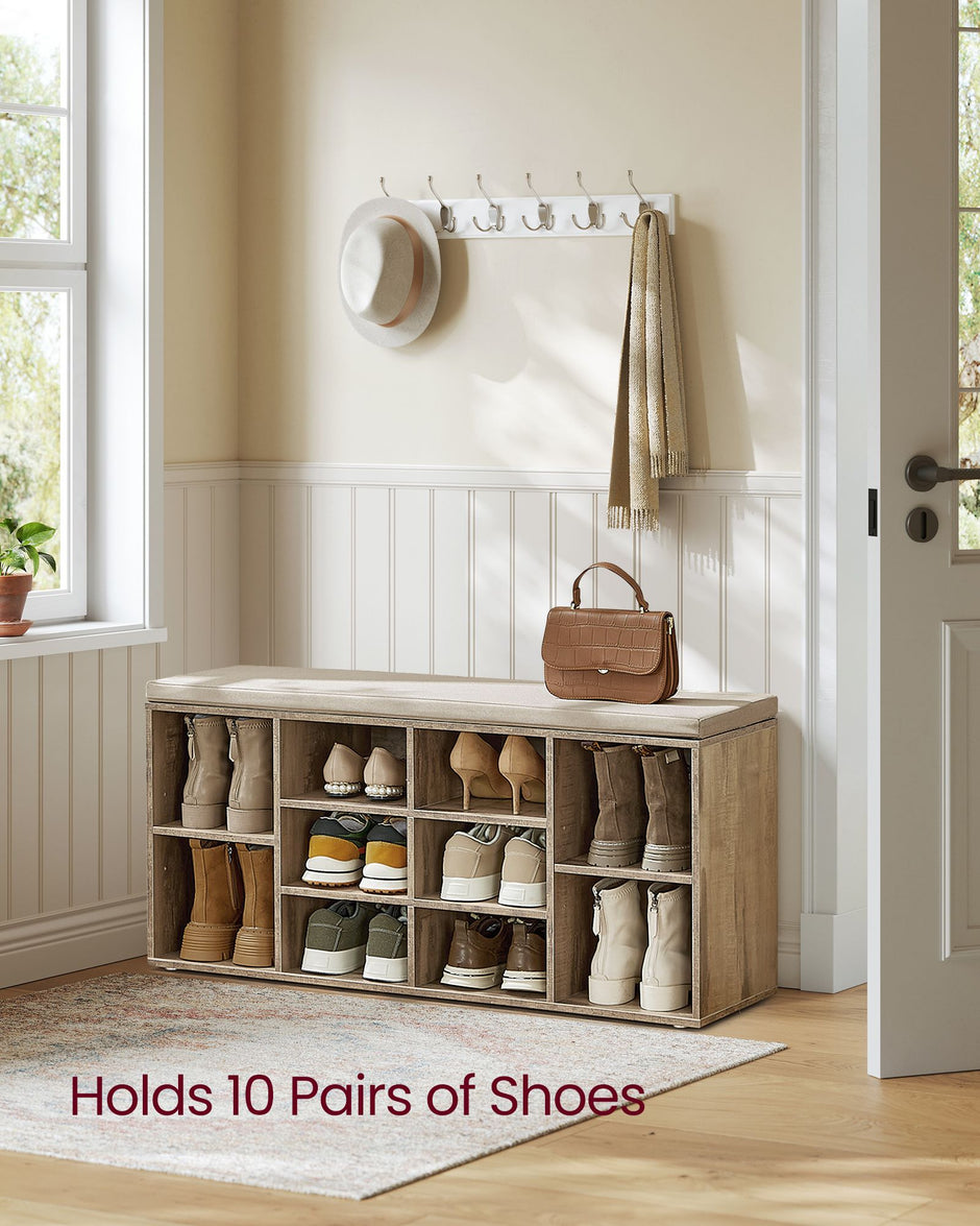 Shoe Bench – Wood – Camel Brown – Padded Seat with 9 Adjustable Compartments