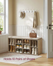 Shoe Bench – Wood – Camel Brown – Padded Seat with 9 Adjustable Compartments